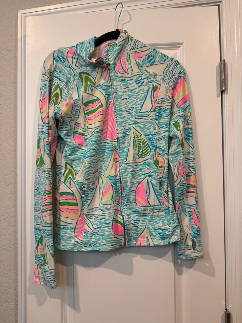 Lilly Pulitzer Teal, Pink & Green Sailboat Print Zip Jacket